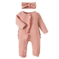 thumbnail image 1 of HWJAD Baby Girls Knit Footies Newborn Zip Up Onesie Romper Ruffles Infant Long Sleeve Jumpsuit Headband Clothes, 1 of 8