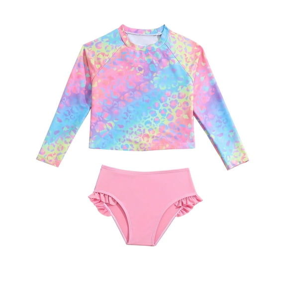 HWJAD Baby Girls' Rashguard Set Two Pieces Bathing Suit Long Sleeve Swimsuit with Ruffle Bikini Bottoms Swimwear 4-7 Years