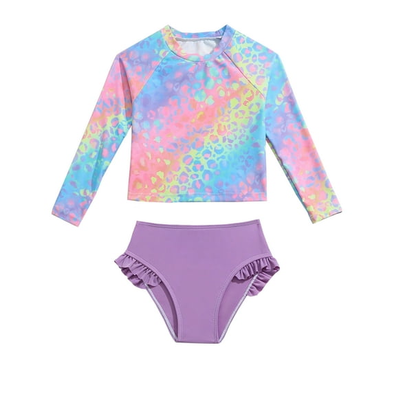 HWJAD Baby Girls' Rashguard Set Two Pieces Bathing Suit Long Sleeve Swimsuit with Ruffle Bikini Bottoms Swimwear 4-7 Years