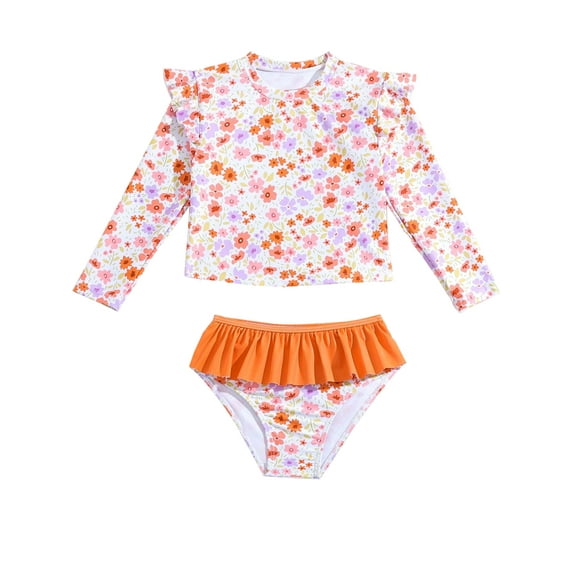 HWJAD Baby Girls' Rashguard Set Two Pieces Bathing Suit Long Sleeve Swimsuit with Ruffle Bikini Bottoms Swimwear 4-7 Years