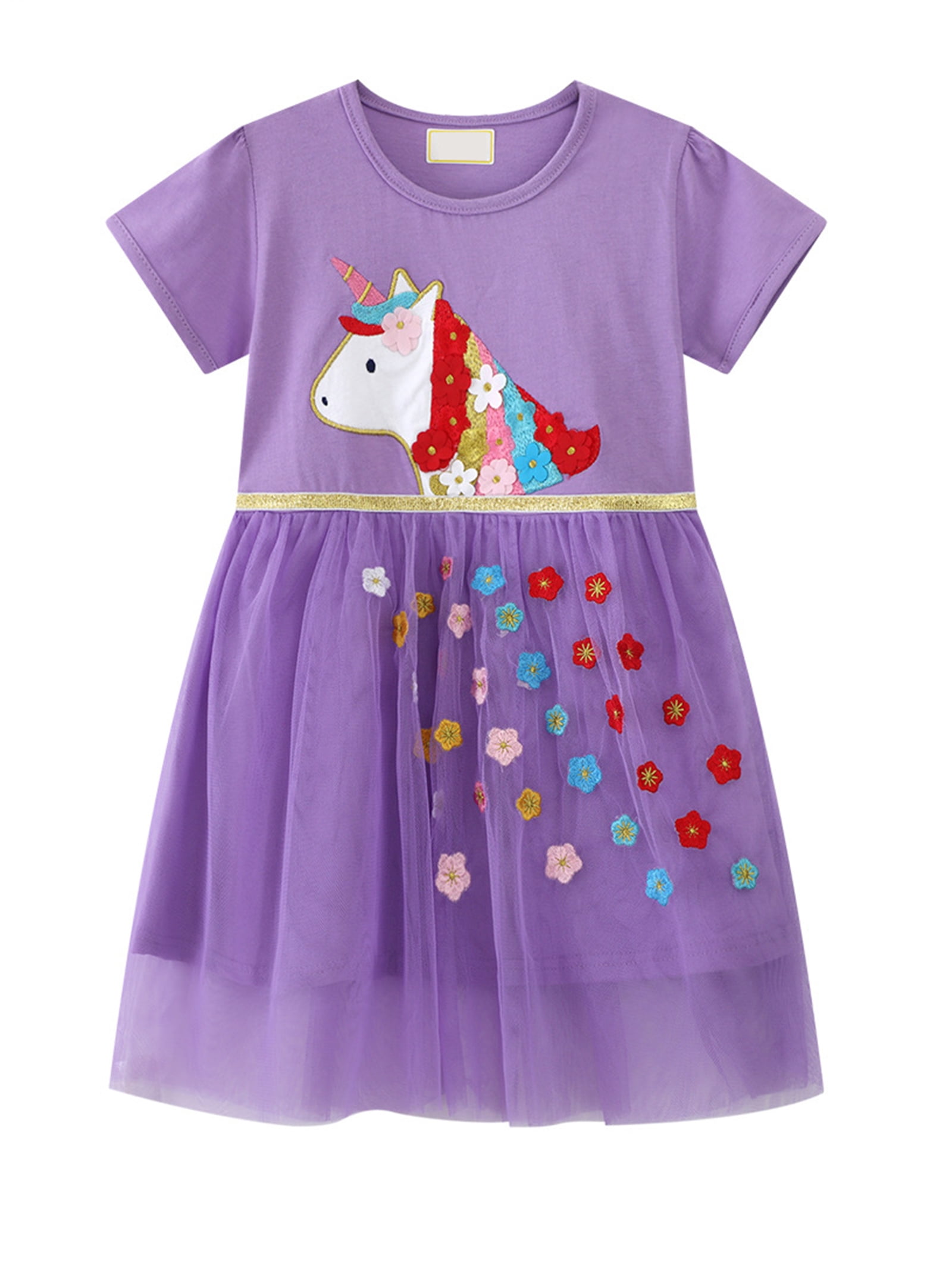 Spring And Summer Baby Girls Short Sleeves Unicorn Cartoon Floral Chiffon Dress