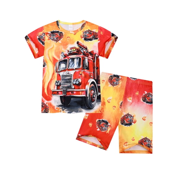 HWJAD Boys Cool Summer Outfits Set for Toddler Kids Short Sleeve Tee and Shorts 2 Pieces Little Boys Fire Truck Clothes