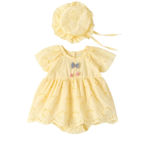 HWJAD Cotton Linen One-Piece Romper Dress and Hat Set for Infant Baby Girls Toddler Eyelet Embroidery Dresses Summer Outfits
