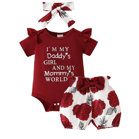 HWJAD Daddy's Girl Baby Clothes Girl Newborn Infant Girls Summer Outfit Short Sleeve Romper Rose Flower Short Headband Set