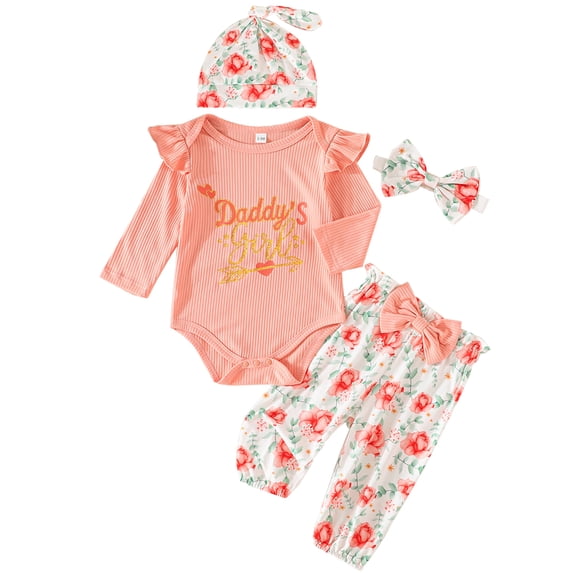 HWJAD Daddy's Girl Newborn Baby Girl Clothes Infant Outfits Romper Floral Fall Outfit Rose Pant Hat Headband Sets