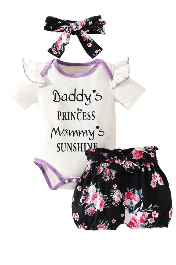 Daddy's Princess Baby Clothes Girl Newborn Infant Girls Summer Outfit Short Sleeve Romper Rose Flower Short Headband Set
