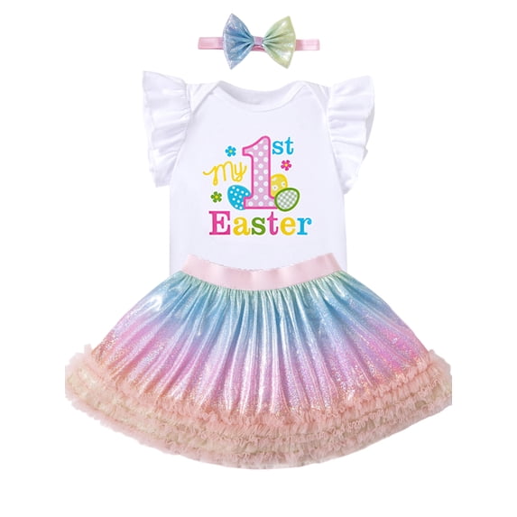 HWJAD Easter Baby Girl Outfit My First Easter Egg Romper Sparkle Tutu Skirts Summer Infant Princess Easter Clothes