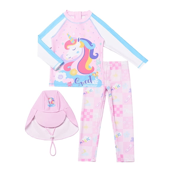HWJAD Girls Rash Guard Swimsuits 3 Piece Bathing Suit UPF 50  Summer Swimwear Long Sleeve Swimsuit Size 3-13T Unicorn