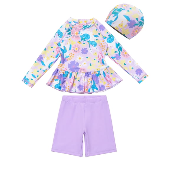 HWJAD Girls Rash Guard Two Pieces Swimsuit with Swim Cap Long Sleeve Bathing Suit Swimwear for 2-11 Years