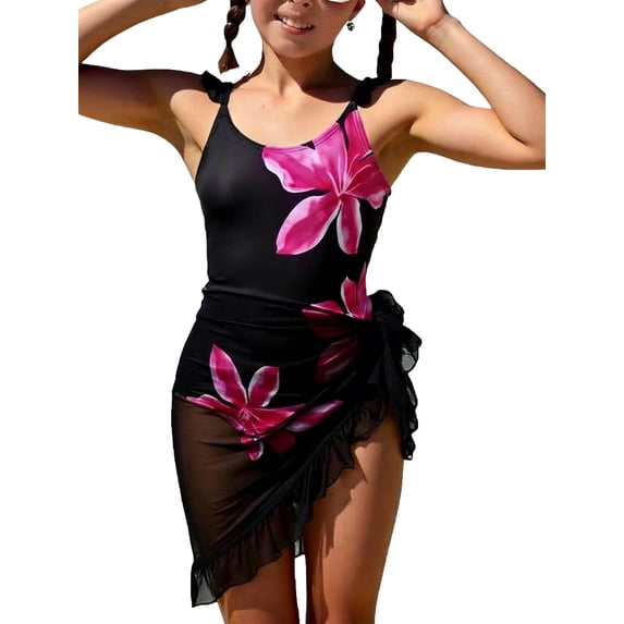 HWJAD Girls Swimsiut Ruffle Strap One-Piece with Cover Up Kids Floral Print Swimwear Child Beach Bathing Suit 5-12Y