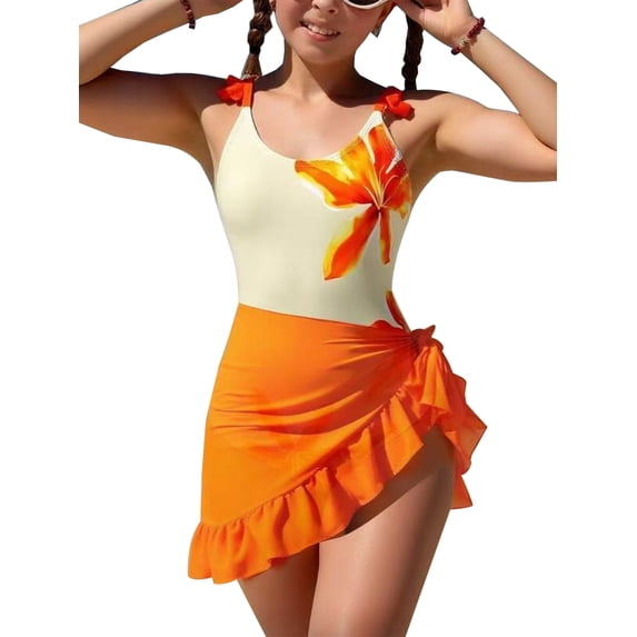 HWJAD Girls Swimsiut Ruffle Strap One-Piece with Cover Up Kids Floral Print Swimwear Child Beach Bathing Suit 5-12Y