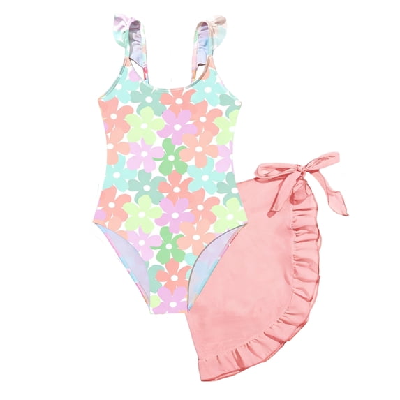 HWJAD Girls Swimsiut Ruffle Strap One-Piece with Cover Up Kids Floral Print Swimwear Child Beach Bathing Suit 5-12Y