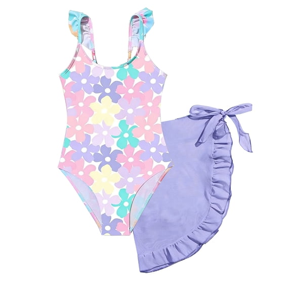 HWJAD Girls Swimsiut Ruffle Strap One-Piece with Cover Up Kids Floral Print Swimwear Child Beach Bathing Suit 5-12Y