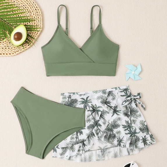 HWJAD Girls Swimsuit 3 Piece Bathing Suits Bikini Set with Beach Cover Up Skirt Girls' Swimwear 9-14 Years