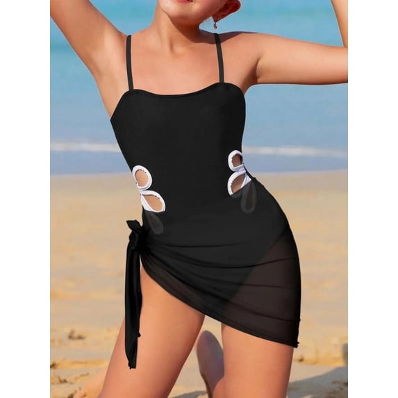 HWJAD Girls Swimsuit One-Piece Bathing Suit with Mesh Cover Ups Adjustable Straps Cut Out Swimwear Size 5-12