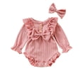 thumbnail image 1 of HWJAD Infant Baby Girl Fall Winter Outfits Clothes Knit Bodysuit Ruffle Bubble Romper with Headband Newborn Coming Home Outfit for Baby Girl, 1 of 9