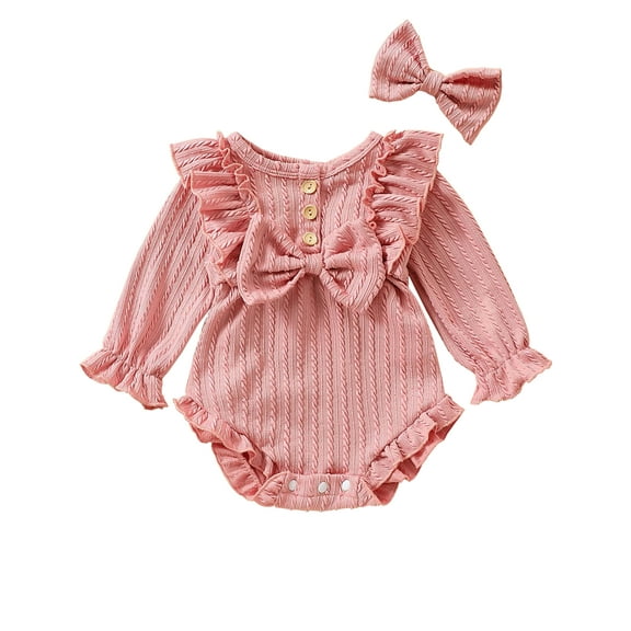 HWJAD Infant Baby Girl Fall Winter Outfits Clothes Knit Bodysuit Ruffle Bubble Romper with Headband Newborn Coming Home Outfit for Baby Girl