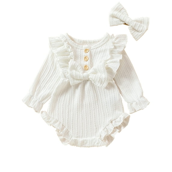 HWJAD Infant Baby Girl Fall Winter Outfits Clothes Knit Bodysuit Ruffle Bubble Romper with Headband Newborn Coming Home Outfit for Baby Girl