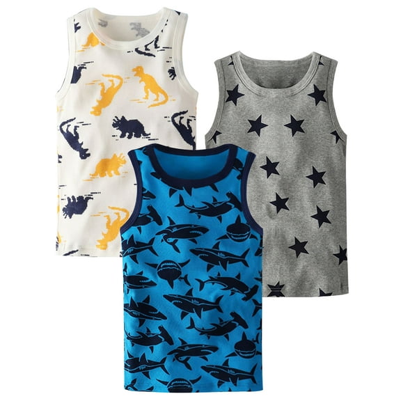 HWJAD Kids Cartoons Shirt Size 1-7 Years Sleeveless T Shirts 3 Pack Toddler Tank Tops 123% Cotton Tees for Little Boys
