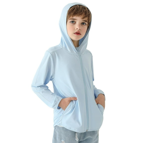 HWJAD Kids Zip-Up Athletic Hoodies Girls Boys UPF50+ Sun Protection Tops Hooded Cooling Shirt