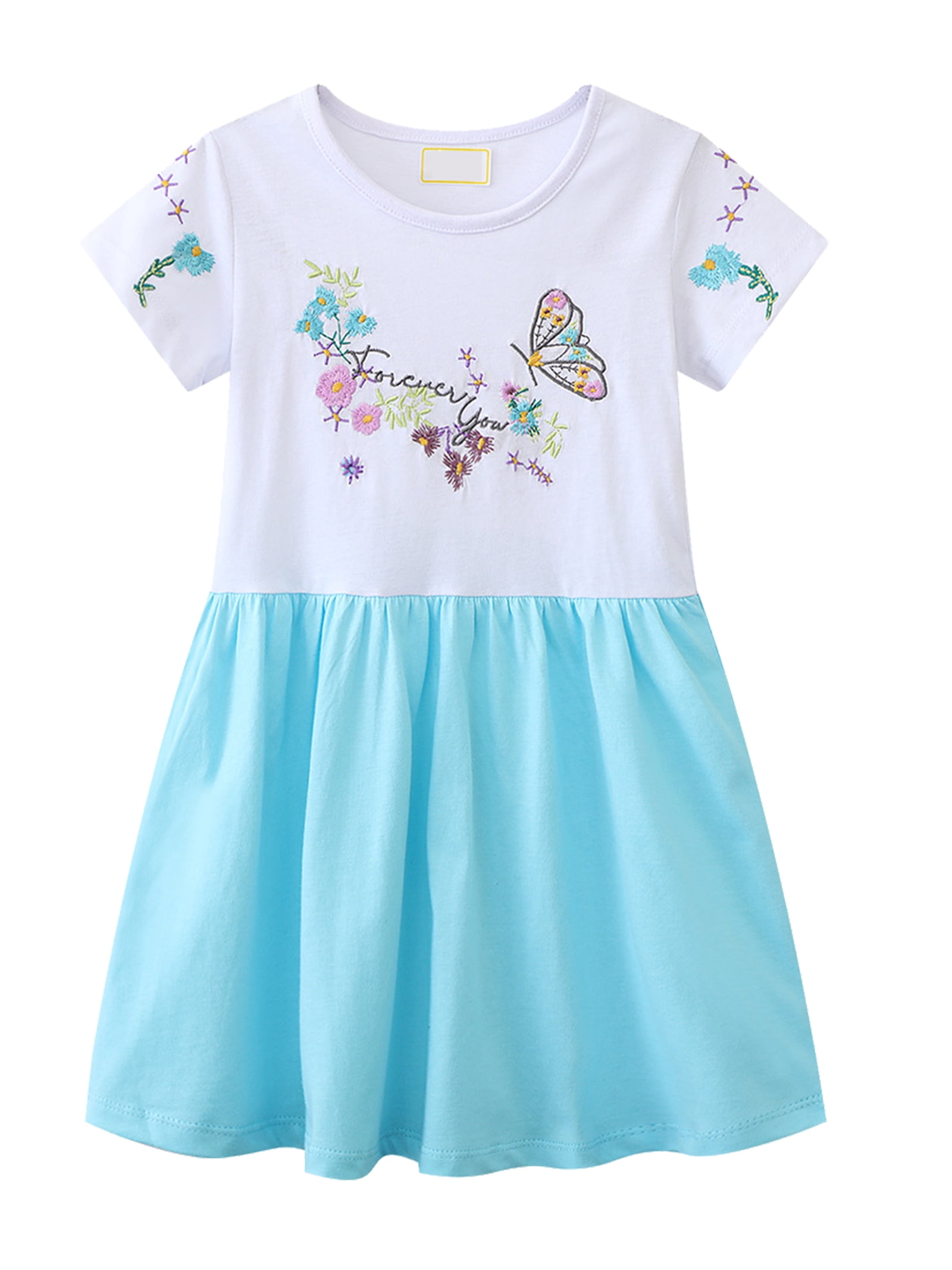 HWJAD Little Girls A-Line Dress Cute Butterfly Pattern Short Sleeve ...