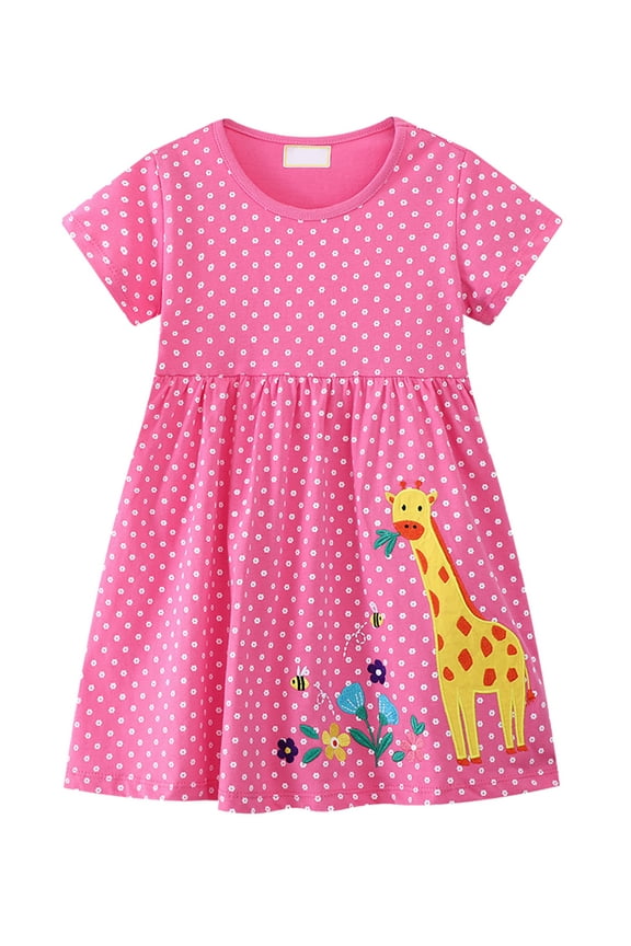 Little Girls A-Line Dress Cute Giraffe Pattern Short Sleeve Casual Toddler Girl Dresses for Party Floral 4T