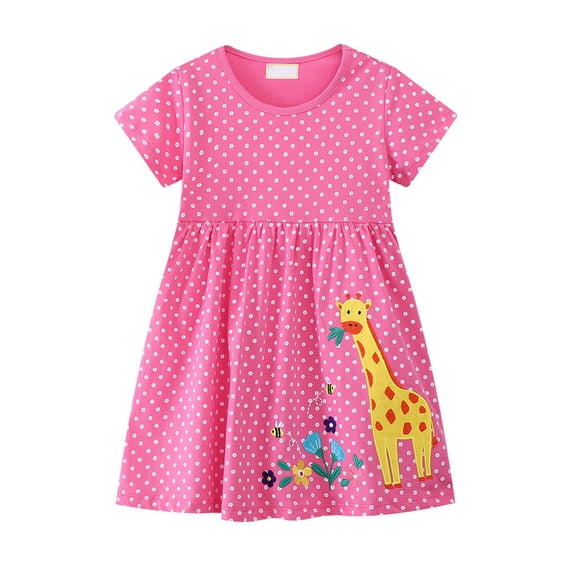 HWJAD Little Girls A-Line Dress Cute Giraffe Pattern Short Sleeve Casual Toddler Girl Dresses for Party Floral 5T