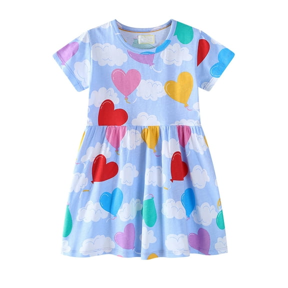HWJAD Little Girls A-Line Dress Cute Love Heart Pattern Short Sleeve Casual Toddler Girl Dresses for Party Floral 4T