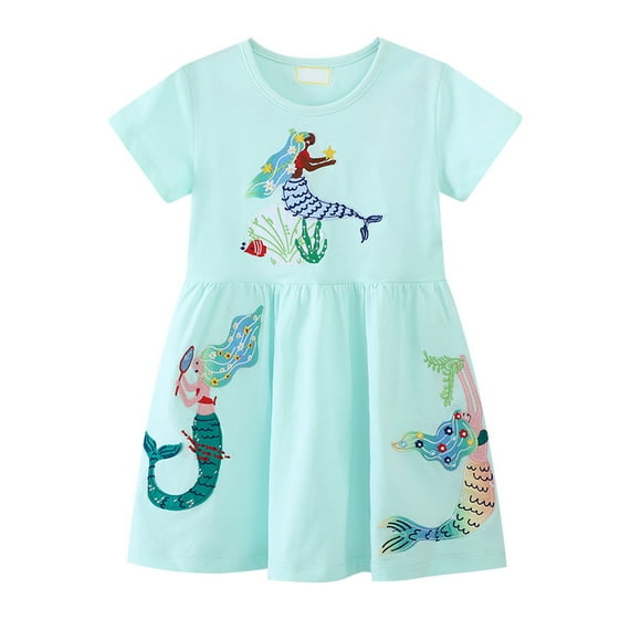 HWJAD Little Girls A-Line Dress Cute Summer Mermaid Pattern Short Sleeve Casual Toddler Girl Dresses for Party 3T