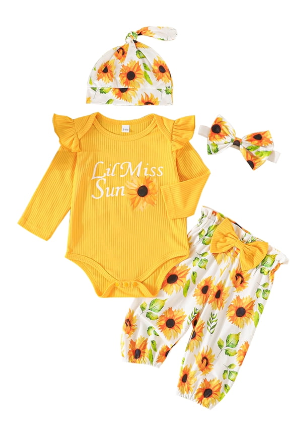 Little Miss Newborn Baby Girl Clothes Infant Outfits Romper Floral Fall Outfit Sunflower Pant Hat Headband Sets