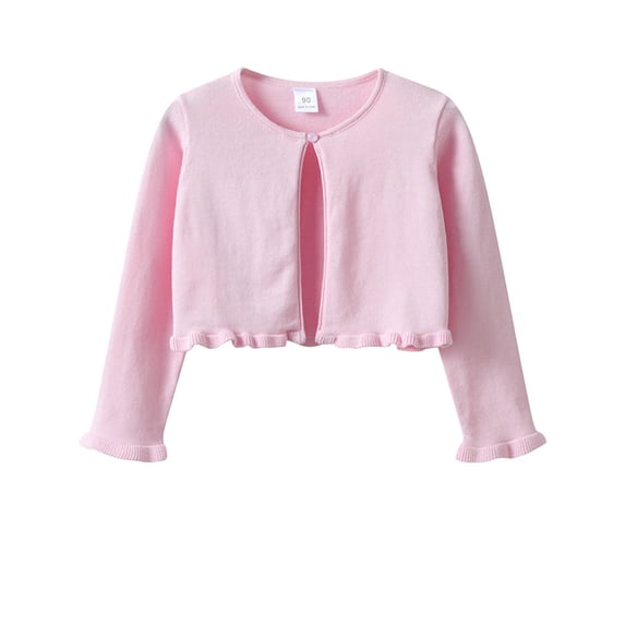 HWJAD Long Sleeve Bolero Shrug for 1-14Y Girls, Toddler Kids One Button Closure Cardigan Ruffle Hem Knit Sweater Cropped Cover Up Coat