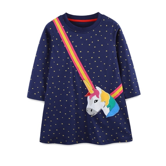 HWJAD Long Sleeve Dress for Toddler Girls 2-7Y Spring Fall Cotton Kids 3D Unicorn Rainbow Crossbody Bag Applique Dresses