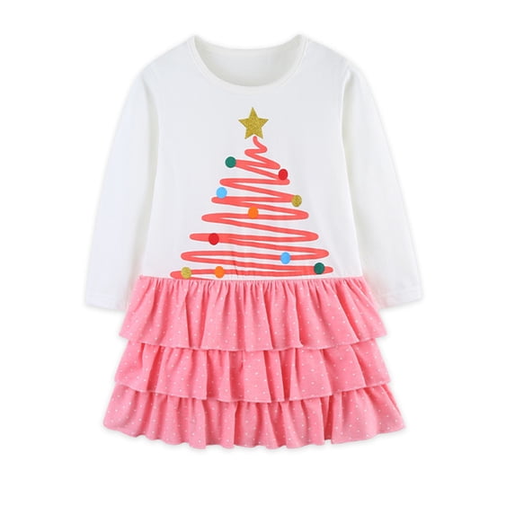 HWJAD Long Sleeve Dresses for Toddler Girls 2-7Y Spring Fall Cotton Kids Christmas Tree Print Dress with Ruffle Tiered Hem