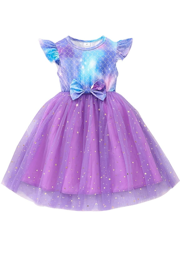 Mermaid Dresses for Girls Toddler Flutter Sleeve Summer Dress Casual Party School Tulle Sundress for Kids