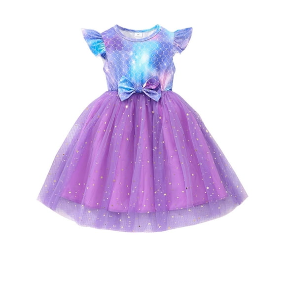 HWJAD Mermaid Dresses for Girls Toddler Flutter Sleeve Summer Dress Casual Party School Tulle Sundress for Kids