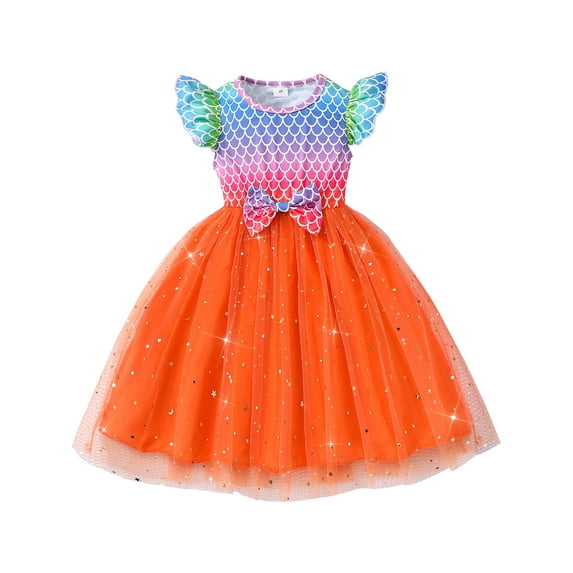 HWJAD Mermaid Dresses for Girls Toddler Flutter Sleeve Summer Dress Casual Party School Tulle Sundress for Kids