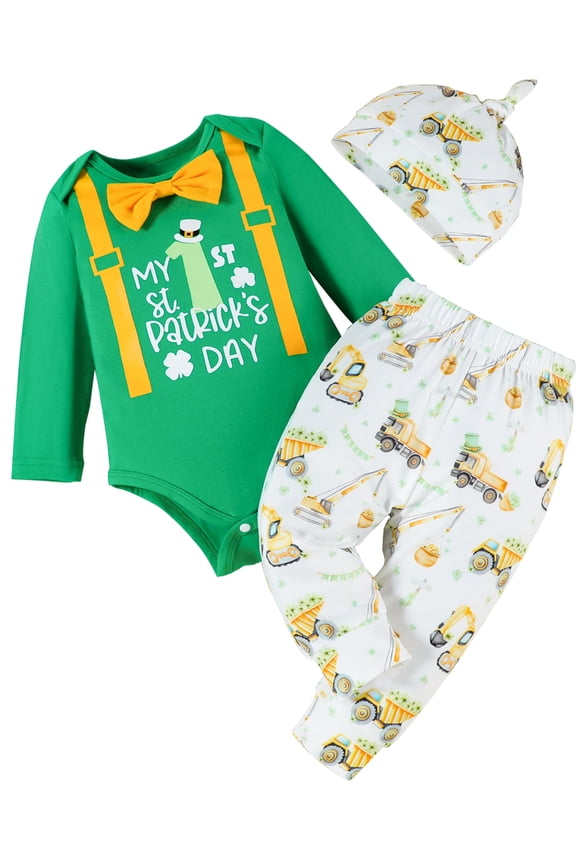 My First St Patricks Day Baby Boy Outfit Shamrock Gentleman Romper and Pants Hat Set 3 Piece Newborn Boy Spring Clothes