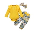 thumbnail image 1 of HWJAD Newborn Baby Girl Clothes, Infant Girl Outfits Long Sleeve Ruffle Romper + Floral Pants + Headband Set, 1 of 7