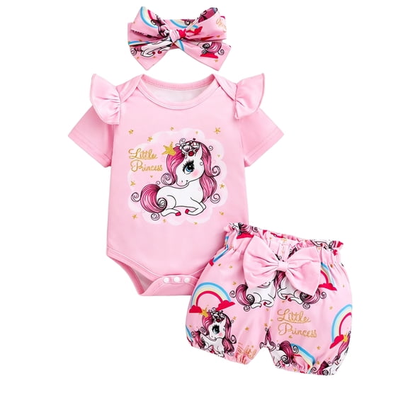HWJAD Newborn Baby Girl Clothes Princess Unicorn Short Sleeve Romper Rainbow Shorts Headband Infant Summer Outfits