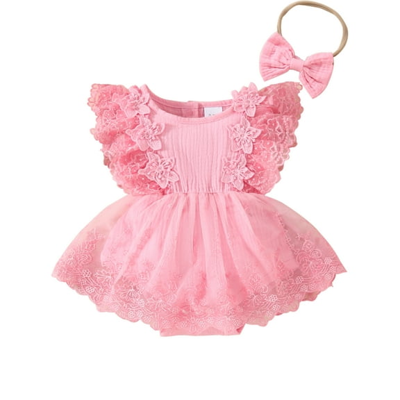 HWJAD Newborn Baby Girl Cotton Sleeveless Rompers Tutu Dress Summer Clothes Lace Ruffle Bodysuit with Headband