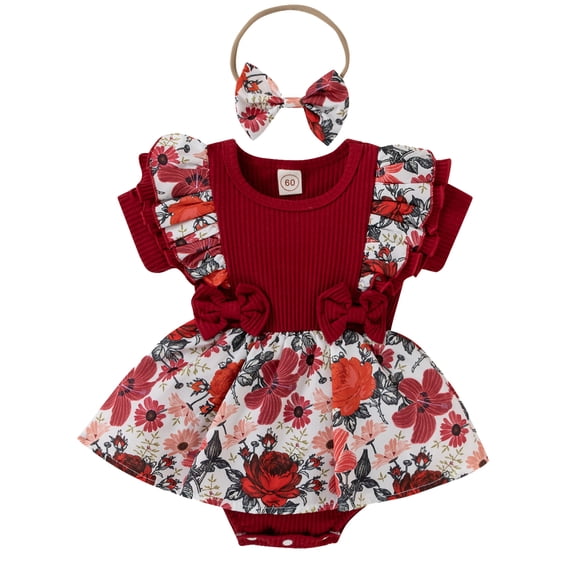 HWJAD Newborn Baby Girl Floral Romper Dress Ruffle Sleeve Bodysuit Tutu Skirted with Headband Infant Summer Outfits Set