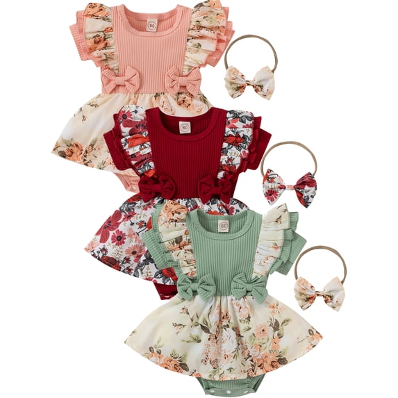 HWJAD Newborn Baby Girl Floral Romper Dress Ruffle Sleeve Bodysuit Tutu Skirted with Headband Infant Summer Outfits Set