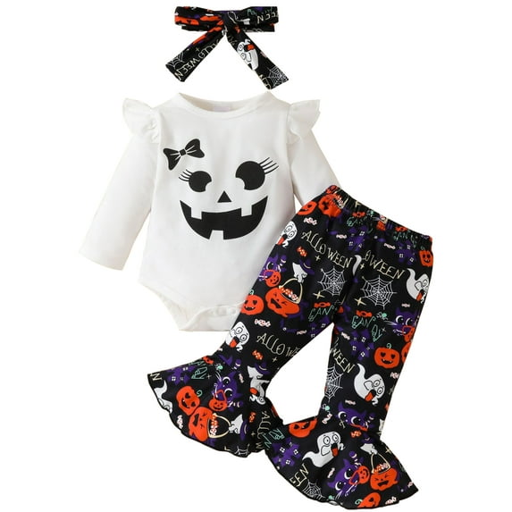HWJAD Newborn Baby Girl Halloween Bell Bottom Outfit Ruffle Romper Cute Pumpkin Ghost Flare Pants Set Headband Clothes