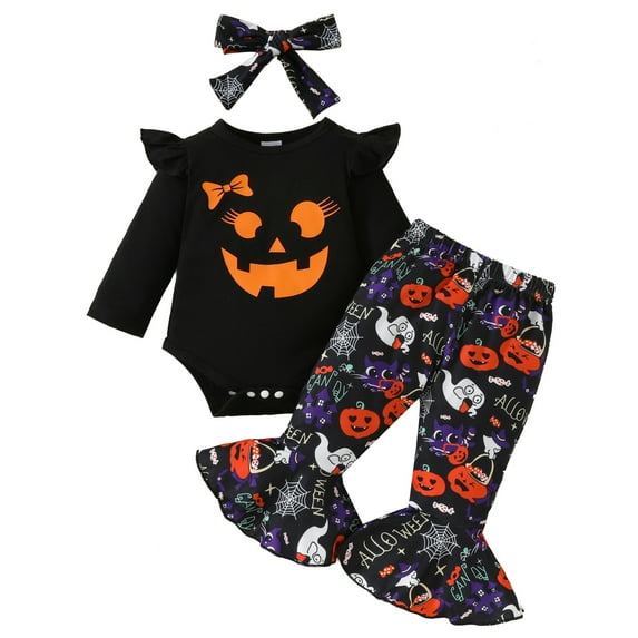 HWJAD Newborn Baby Girl Halloween Bell Bottom Outfit Ruffle Romper Cute Pumpkin Ghost Flare Pants Set Headband Clothes
