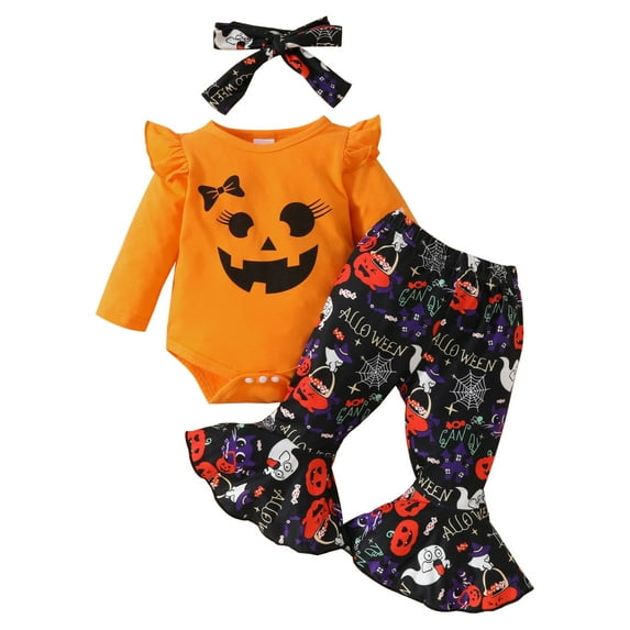 HWJAD Newborn Baby Girl Halloween Bell Bottom Outfit Ruffle Romper Cute Pumpkin Ghost Flare Pants Set Headband Clothes