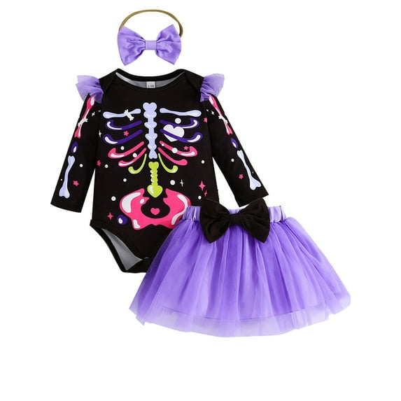HWJAD Newborn Baby Girl My 1st Halloween Skirt Outfit Skeleton Print Romper Tutu Skirt Headband Infant Halloween Set