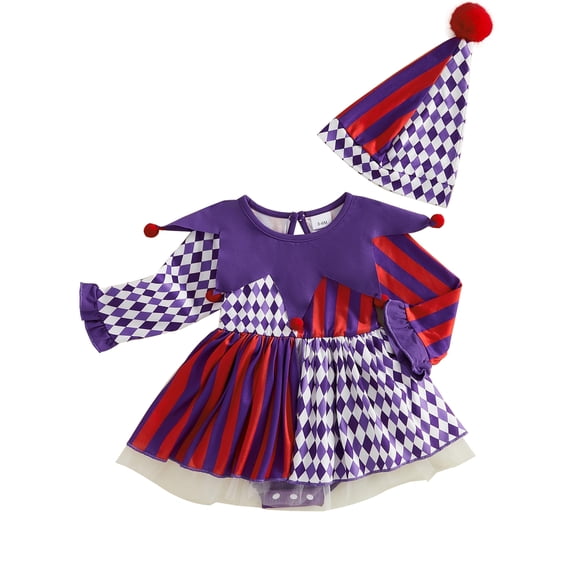 HWJAD Newborn Baby Girls 2Pcs Halloween Outfits,Infant Girls Long Sleeve Clown Romper Dress+Hat Set Clothes