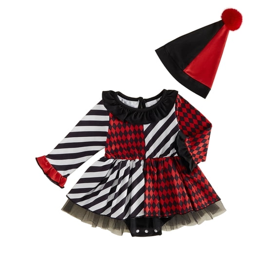 HWJAD Newborn Baby Girls 2Pcs Halloween Outfits,Infant Girls Long Sleeve Clown Romper Dress+Hat Set Clothes