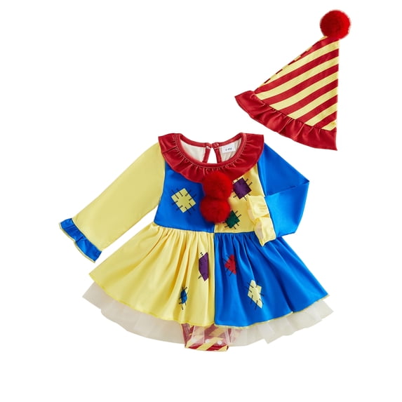 HWJAD Newborn Baby Girls 2Pcs Halloween Outfits,Infant Girls Long Sleeve Clown Romper Dress+Hat Set Clothes