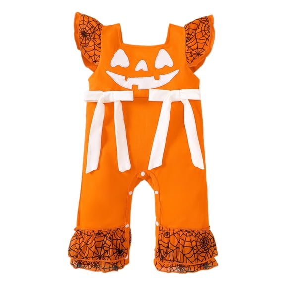 HWJAD Newborn Baby Girls Halloween Jumpsuit Infant Pumpkin Bell Bottoms Overalls Infant Ruffle Sleeves Romper Flare Pants My First Halloween Clothes